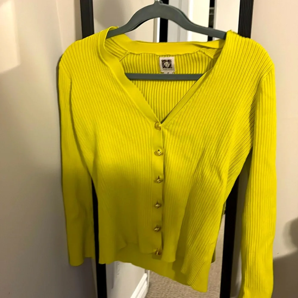 ANNE KLEIN Green Ribbed Gold Button Long Sleeve Fitted Cardigan Sweater M - Picture 4 of 4